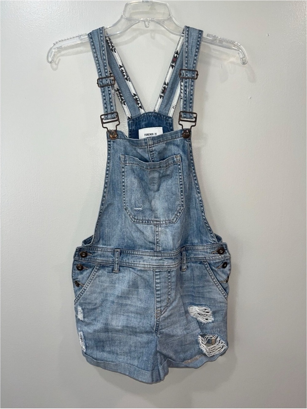 Forever 21 Kids Light Wash Denim Short Overalls with Adjustable Straps